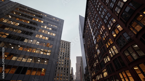 overcast morning tiltup of skyscrapers, glass curtain walls and vintage brick facades, office lights still glowing, commuters moving in distance, urban rhythm,