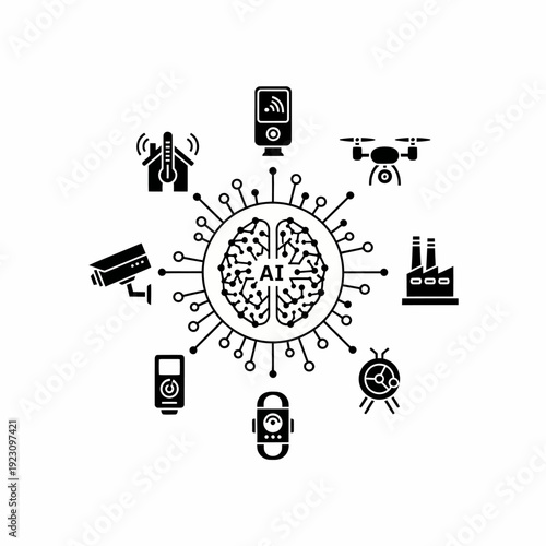 An illustration depicting the concept of artificial intelligence with interconnected devices surrounding a central brain symbol. The illustration highlights smart home, factory, and technology