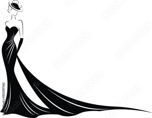 Elegant silhouette of a woman in a vintage black evening gown with a long train, wearing a classic cocktail hat.