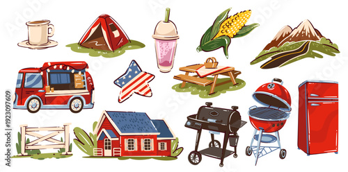 Travel to USA picnic set with camping tent, food truck, barbecue grill, farmhouse, picnic table, corn, milkshake, coffee cup, refrigerator, mountains, fence, american star, outdoor travel icons, carto