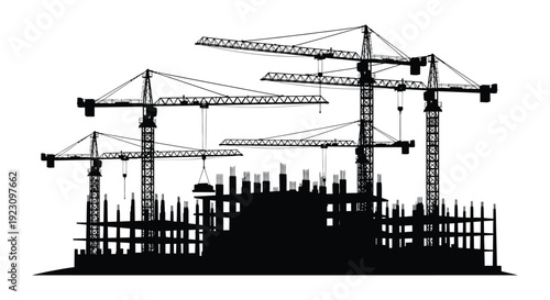 A stark depiction of construction cranes and a building under development presented in a bold silhouette high quality professional detailed modern