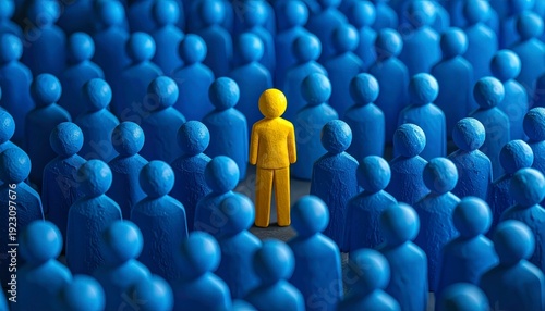 One yellow human figure standing out among many blue silhouettes on dark background, unique person in crowd of identical people. Concept of individuality and leadership