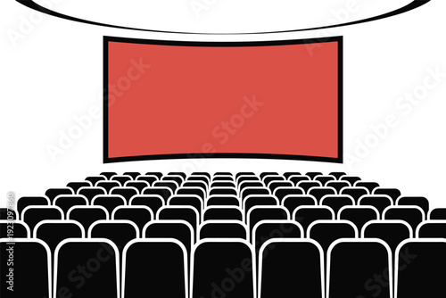 Empty movie theater seats facing large red screen