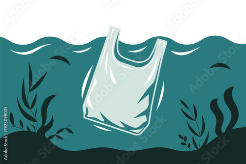 Plastic bag floating in ocean water with seaweed