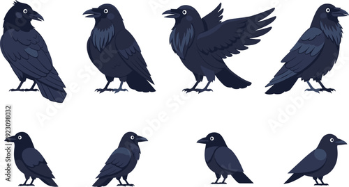 Black Raven Cartoon Bird Character Collection with Standing Perching and Flying Crow Poses Dark Gothic Wildlife Flat Vector Illustration Set Police Stop