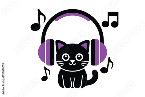 Cute black cat wearing purple headphones listening to music with notes