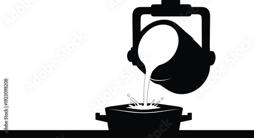 A black silhouette depicts molten metal being poured from a crucible into a vessel showcasing industrial processes silhouette high quality professional