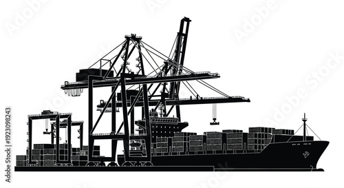 A stark black silhouette depicts a container ship being loaded by large port cranes creating a dramatic silhouette high quality professional