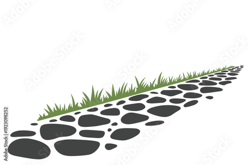 Serene stone pathway with lush green grass on a clean white background