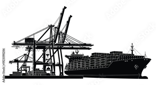 A stark black and white image depicts a cargo ship docked beside industrial cranes presenting a striking silhouette high quality professional