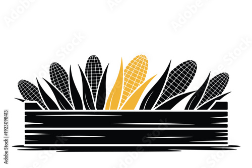 Vibrant corn illustration in wooden crate with yellow and black ears