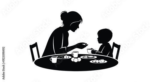 A mother and child share a meal at a round table depicted in a striking black silhouette high quality professional detailed