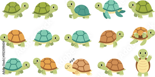 Cute Cartoon Turtle Character Poses Collection with Walking Swimming Sleeping and Smiling Baby Tortoise Vector Illustration Set Police Stop