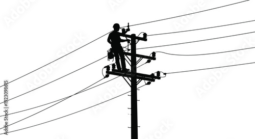 A lineman performs maintenance atop a utility pole against a bright sky creating a striking silhouette high quality professional detailed modern