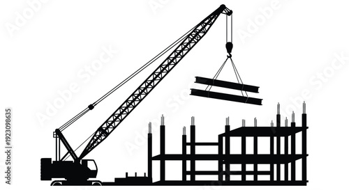 A black silhouette depicts a construction crane lifting steel beams near a building under construction silhouette high quality professional detailed modern