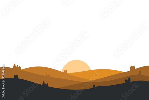 Warm sunset over rolling hills with silhouetted trees