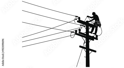 A lineman works atop a utility pole repairing electrical lines against a bright background a striking silhouette high quality professional detailed