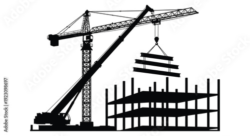 A stark black silhouette depicts a construction crane lifting steel beams above a building s framework silhouette high quality professional detailed modern