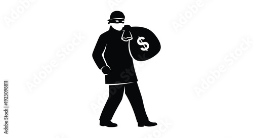 A shadowy figure carrying a bag with a dollar sign representing theft and illicit gain silhouette high quality professional detailed modern