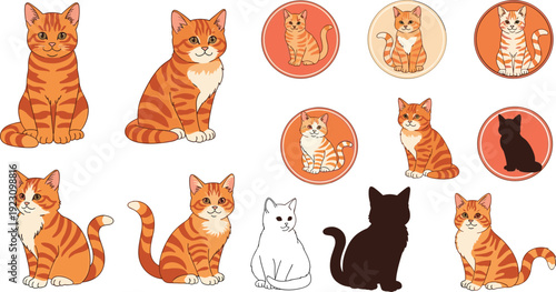 Cute Ginger Tabby Cat Cartoon Character Collection with Sitting Poses Circular Frames and Silhouette Kitten Flat Vector Illustration Set Police Stop