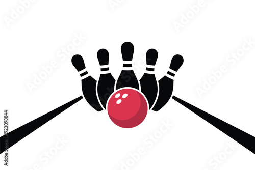 Vibrant bowling illustration with red ball and black pins on white background