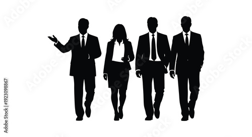 A group of four business professionals walking forward depicted in a striking black silhouette high quality professional detailed modern elegant stylish
