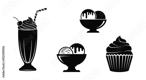 A collection of black silhouettes depicting a milkshake ice cream and cupcake showcasing dessert options silhouette high quality professional detailed modern