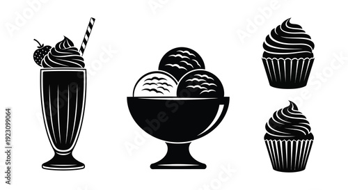 Black and white illustration depicts a milkshake ice cream scoops and cupcakes in a striking silhouette high quality professional detailed modern