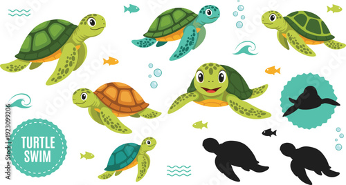 Cute Sea Turtle Swimming Cartoon Character Collection with Underwater Fish Waves and Silhouette Marine Animal Flat Vector Illustration Set Police Stop