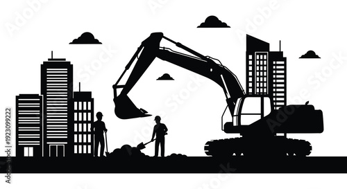 A black and white illustration depicts a cityscape with construction equipment and workers presented as a silhouette high quality professional detailed
