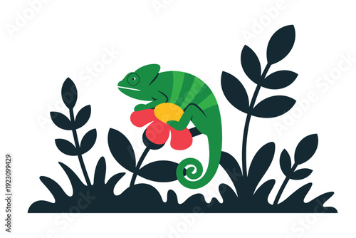 Vibrant green chameleon perched on colorful flower in lush garden