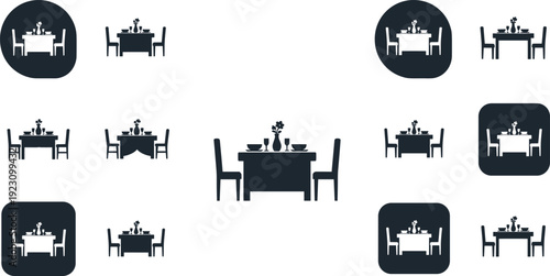 Dining Table and Chair Restaurant Icon Set with Romantic Dinner Setup Silhouette for Cafe Menu Reservation and Hospitality Design Police Stop