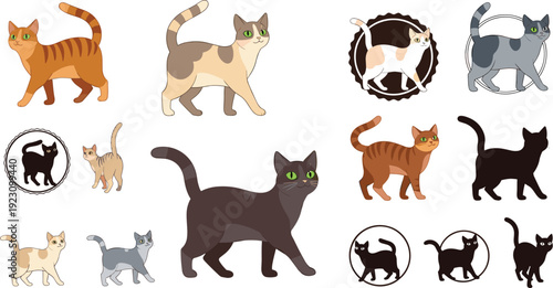 Domestic Cat Breeds and Silhouette Collection Walking Standing and Cute Kitty Characters with Circular Frames Flat Vector Illustration Set Police Stop