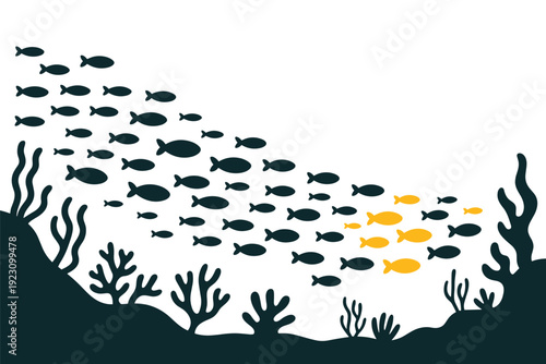 School of fish swimming together with standout individuals