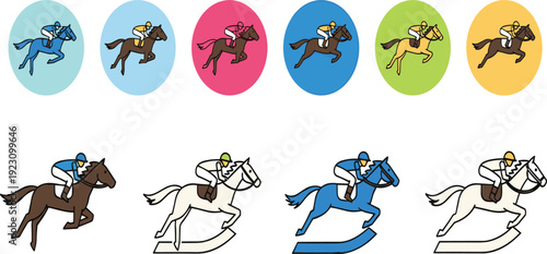Horse Racing Jockey Cartoon Characters and Galloping Racehorse Icons in Different Colors Flat Vector Illustration Set for Sports Design Police Stop