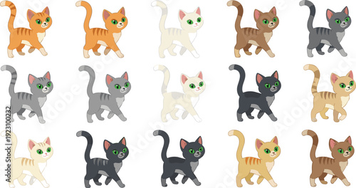 Walking Domestic Cat Cartoon Characters in Different Fur Colors Cute Kitty Pet Collection Flat Vector Illustration Isolated Set Police Stop