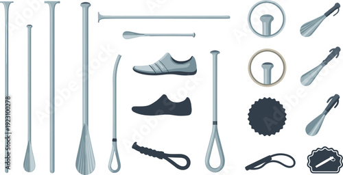 Walking Stick and Cane Accessories Vector Set with Rubber Tips Wrist Straps Replacement Parts and Shoe Support for Mobility Aid Design Police Stop