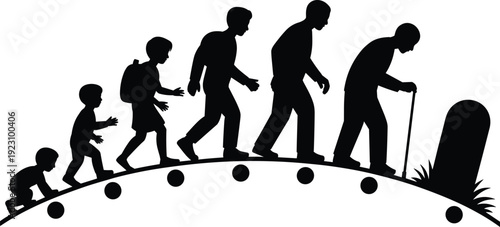 Silhouette Illustration Depicting Human Life Stages, from Childhood to Old Age with Symbolic Tombstone for Educational, Family, and Life Cycle Projects