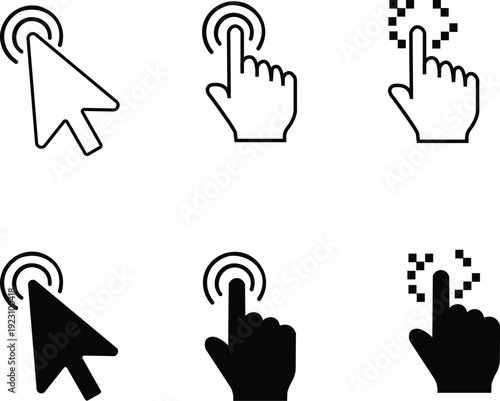 Mouse Cursor and Hand Click Icon Set -  Tap Touch Screen Gesture Vector Collection