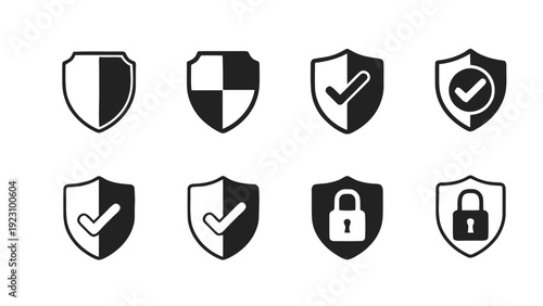 Vector illustration of collection of security shield icons with checkmarks and locks in black and white on a transparent background