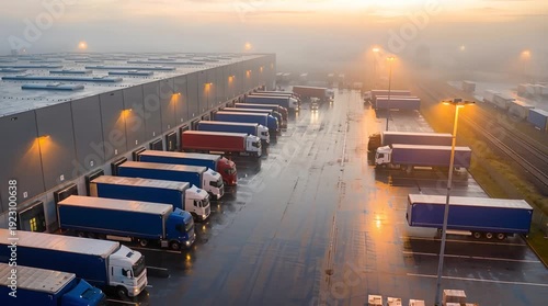 Aerial View of Trucks Parked Near Large Warehouse at Dawn with Foggy Sky and Reflections on Wet Ground in the Netherlands