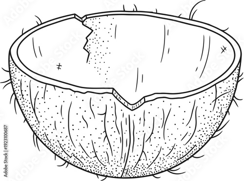 Cracked Coconut Shell Bowl Minimal Line Art – Sparse Stippling and Micro Hatching Black Ink on White Vector