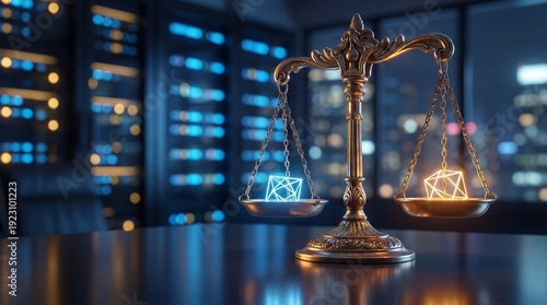 Balancing digital currency assets on antique scales of justice symbolizes the complex legal and regulatory challenges facing modern cryptocurrency finance worldwide