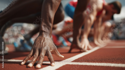 Close-Up Of Track Athletes at Starting Line Ready for Sprint Race on Outdoor Track