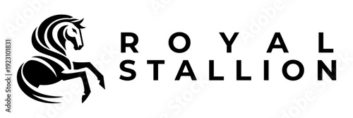 Dynamic rearing stallion horse logo bold black icon vector illustration modern brand mark emblem strength speed energy motion sports team identity minimalist typography corporate isolated