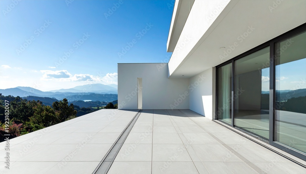 Obraz premium Modern architecture with a view from a spacious terrace.