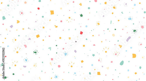 Vibrant Array of Abstract Shapes and Colorful Confetti Sprinkles Scattered Playfully Across a Bright White Background, Ideal for Joyful Celebrations, Festive Events, and Decorative Designs