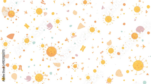 Dynamic Abstract Pattern with Scattered Sun-like Orbs and Whimsical Geometric Shapes, Creating a Lively and Energetic Background Design