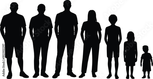 Silhouette Illustration of a Family with Varying Heights, from Child to Adult, for Family, Growth, and Development Projects
