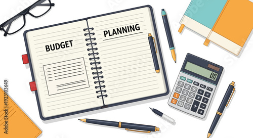 An overhead shot of a desk with a notebook, calculator, pens, and glasses, for budgeting and planning.
